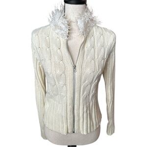 Y2K Airport Ivory Cable Knit Zip-Up Cardigan w/ Faux Fur Collar | Ski Lodge Chic